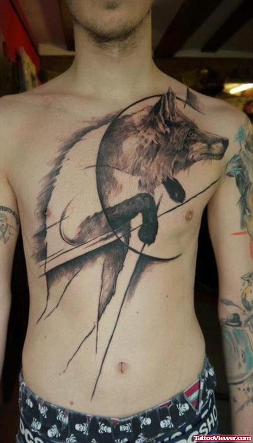 Grey Ink Wolf Tattoo On Guy Chest