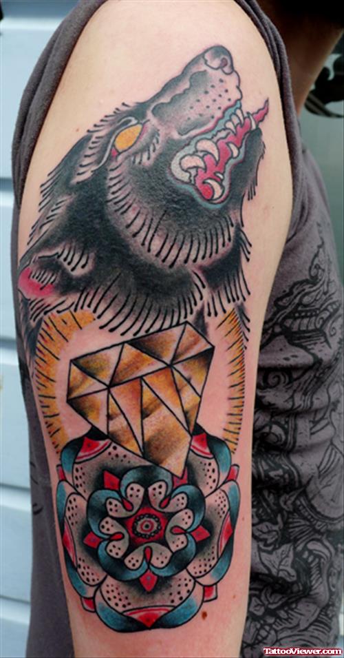 Abstract Diamond and  Wolf Tattoos On SLeeve