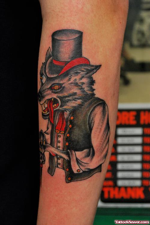 Grey Ink Wolf Tattoo On Left Arm