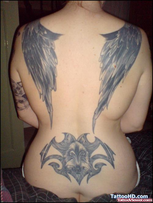 Grey Ink Wings and Evil Wolf Tattoo On Back