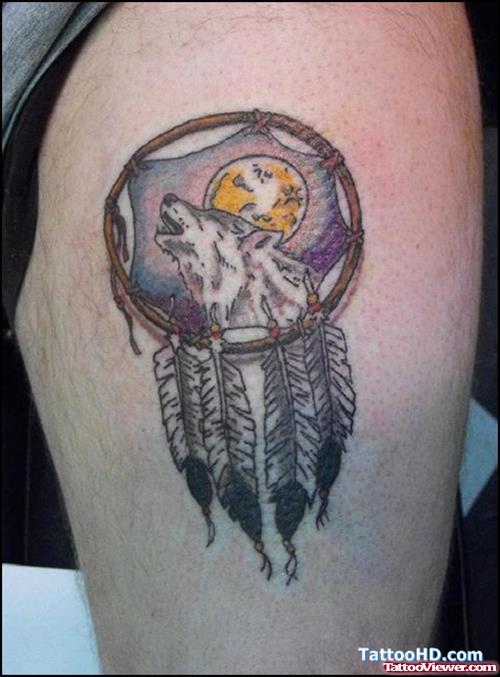 Dreamcathcer Wolf Tattoo On Bicep