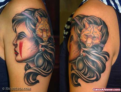Traditional Princess Wolf Tattoo On Shoulder