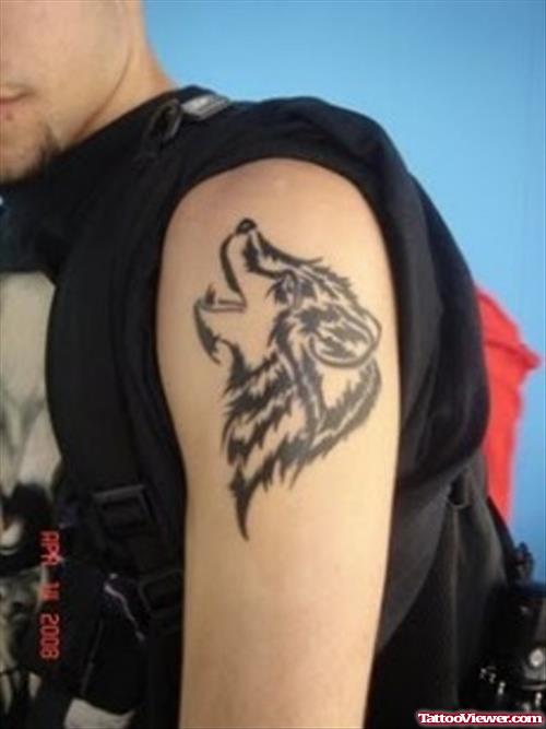 GreyInk Tribal Wolf Head Tattoo On Left Half Sleeve