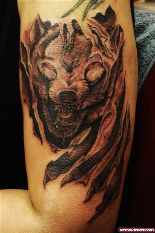 Grey Ink Ripped Skin Wolf Tattoo On Left Half Sleeve