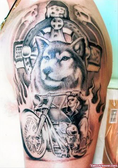 Grey Ink Biker and Wolf Tattoo On Left Half Sleeve