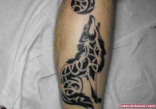 Black Tribal Wolf Tattoo On Leg