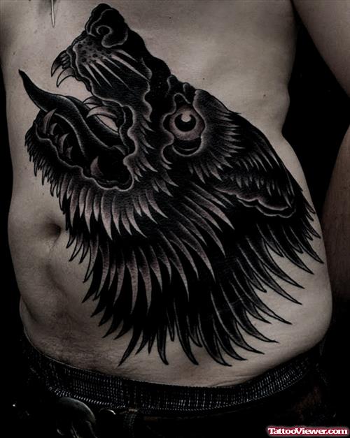 Black Ink Wolf Head Tattoo On Side