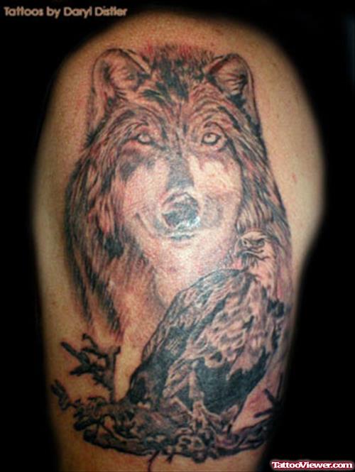 Grey Ink Wolf Tattoo Design For Half Sleeve