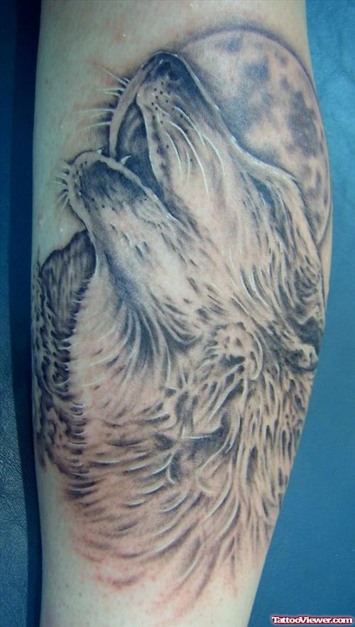 Grey Ink Moon and Wolf Head Tattoo On Sleeve