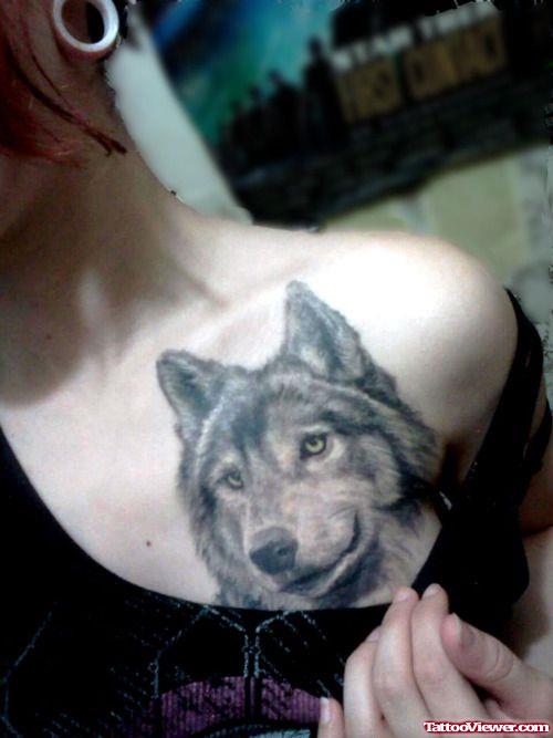 Classic Grey Ink Wolf Head Tattoo On Chest