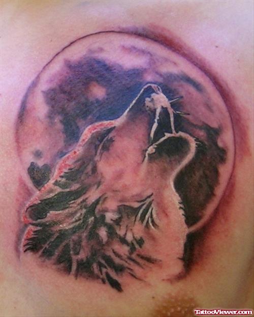 Moon and Howling Wolf Tattoo On Man Chest