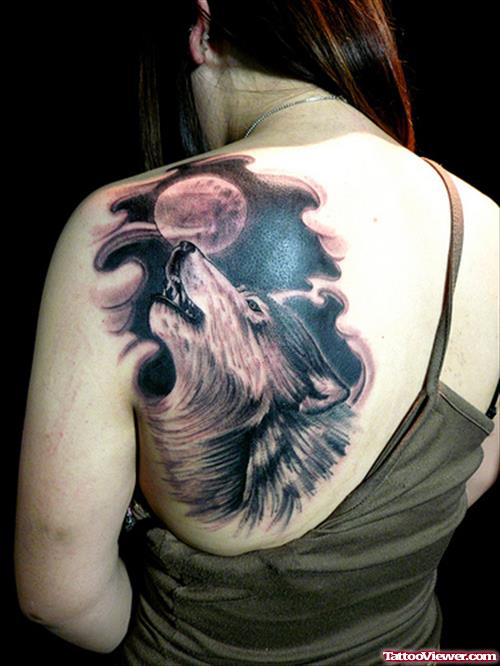 Dark Ink Moon and Wolf Tattoo on Left Back Shoulder