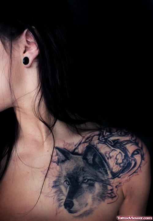 Classic Grey Ink Wolf Head Tattoo On Man Chest