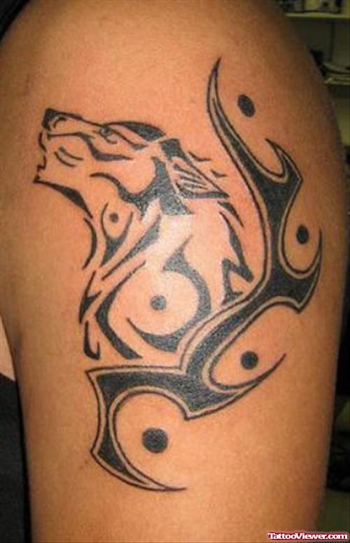 Black Ink Tribal And Wolf Head Tattoo On Half Sleeve