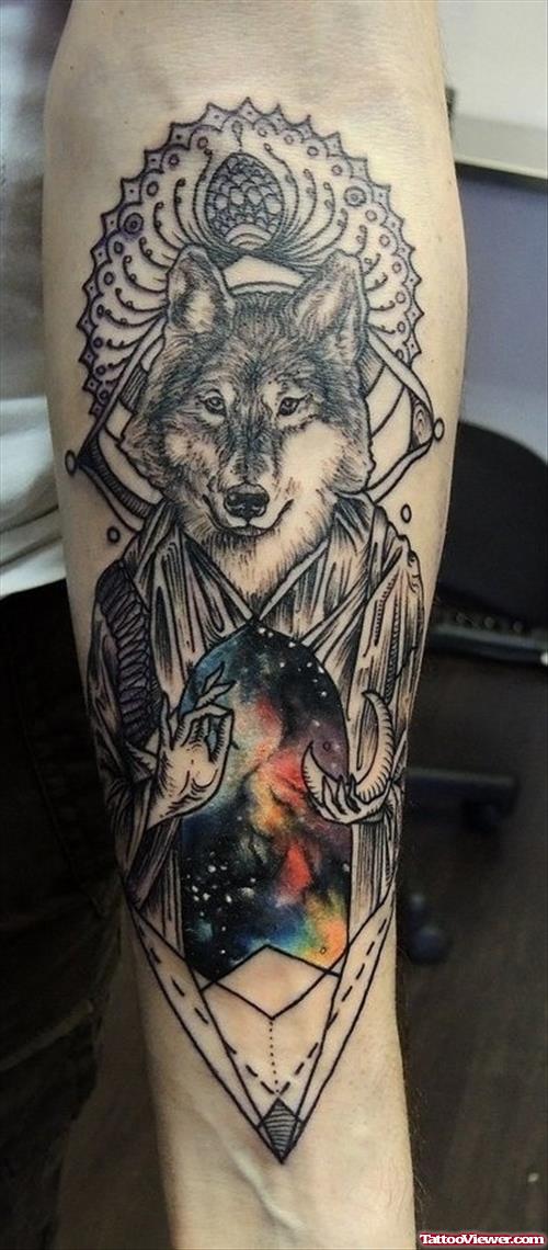 Attractive Grey Ink Wolf Head Tattoo On Sleeve