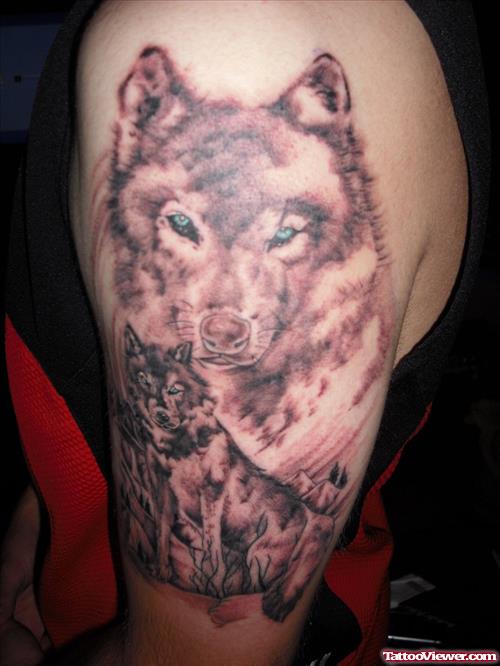 Amazing Grey Ink Wolf Tattoos On Left Half Sleeve