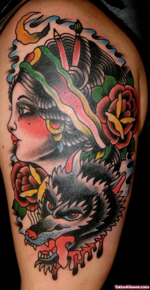 Red Rose Flowers And Wolf Tattoo On Half Sleeve