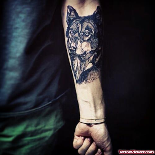 Grey Ink Wolf Tattoo On Forearm