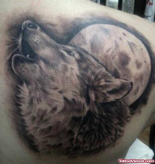 Grey Ink Moon and Wolf Head Tattoo On Right Back Shoulder