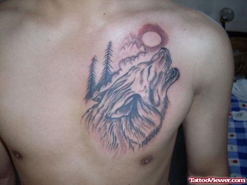 Grey Ink Moon And and Howling Wolf Tattoo On Man Chest