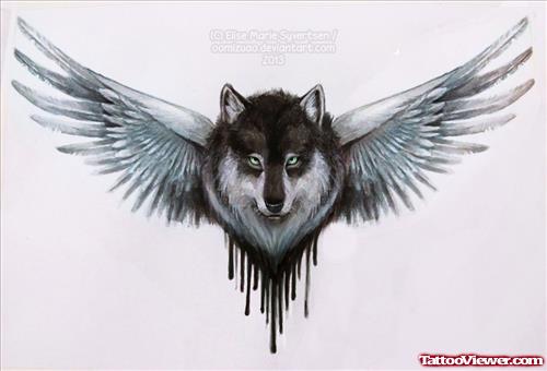 Winged Wolf Head Tattoo Design