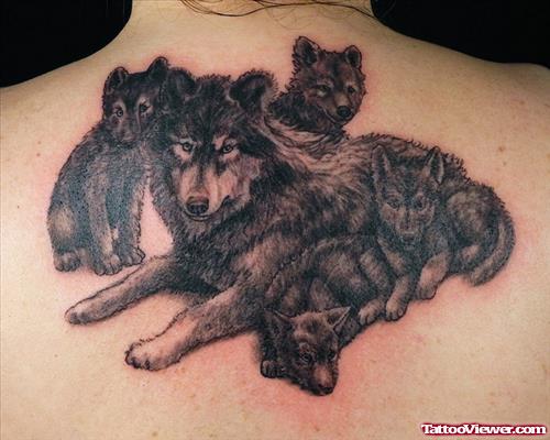 Grey Ink Wolf Tattoos On Upperback