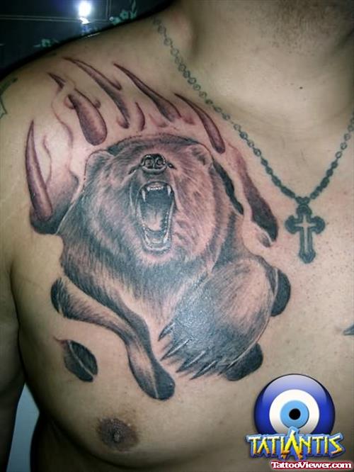 Grey Ink Wolf Tattoo On Man Chest
