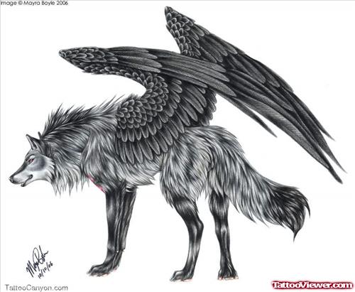 Grey Ink Winged Wolf Tattoo Design