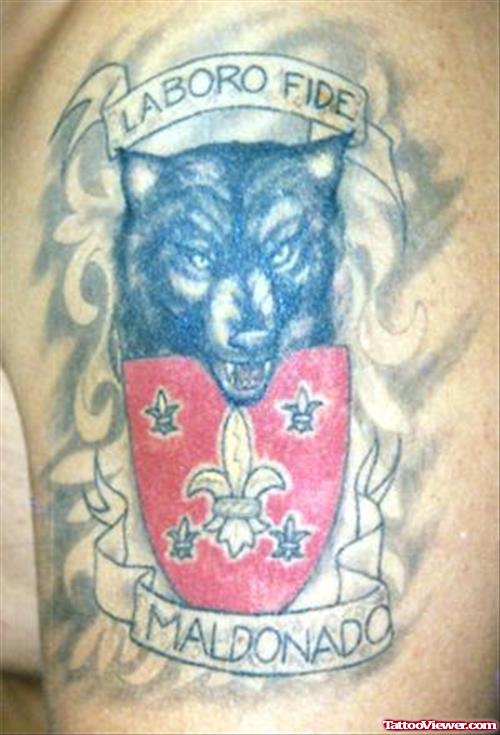 Crest And Wolf Tattoo On Half Sleeve