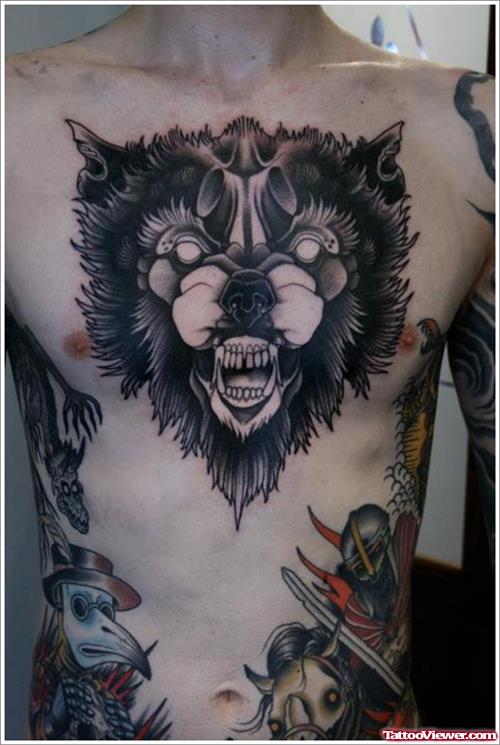 Amazing Grey Ink Wolf Tattoo On Man Chest