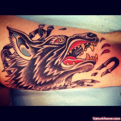 Grey Ink Wolf Head Tattoo On Sleeve