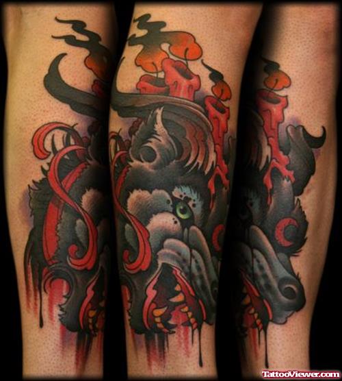 Color Ink Bleeding Wolf Tattoo