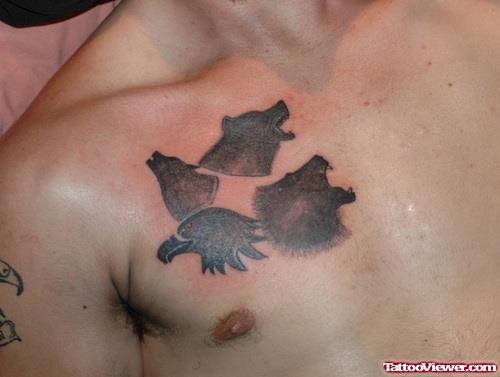 Black Ink Eagle And Wolf Head Tattoos On Chest