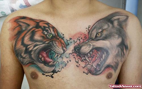 Tiger And Wolf Tattoos On Man Chest