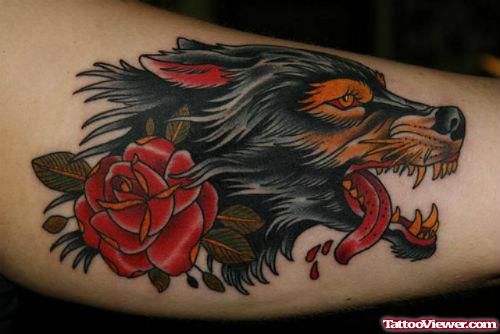 Red Rose And Wolf Tattoo