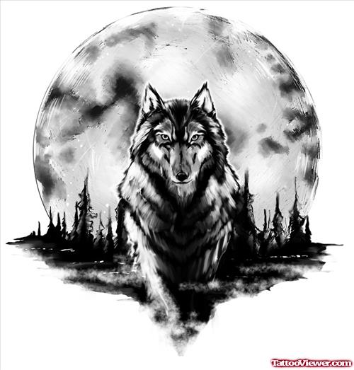Beautiful Moon and Wolf Tattoo Design