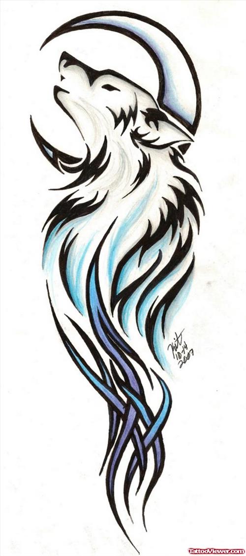Awesome Moon and Tribal Wolf Head Tattoo Design