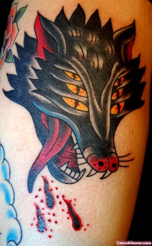 Amazing Black Ink Wolf Head Tattoo