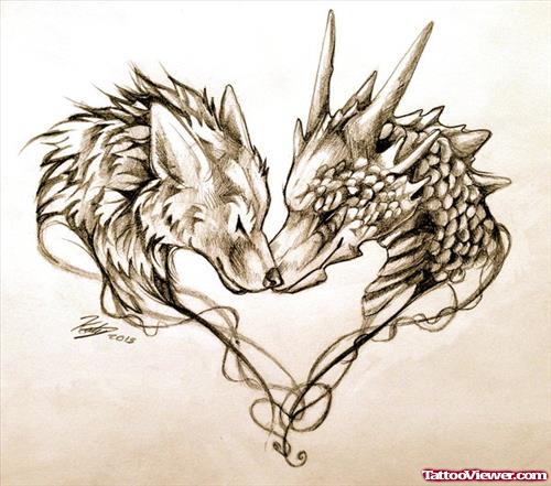 Dragon and Wolf Head Tattoo Design