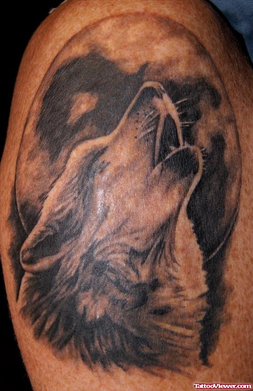 Grey Ink Howling Wolf Tattoo On Half Sleeve