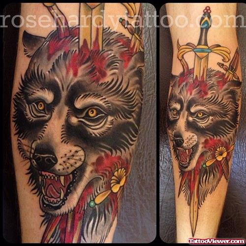 Crazy Grey Ink Wolf Head Tattoo