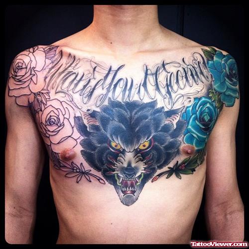 Awesome Wolf Head Tattoo On Man Chest