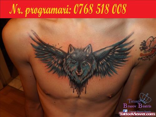 Winged Wolf Head Tattoo On Man Chest
