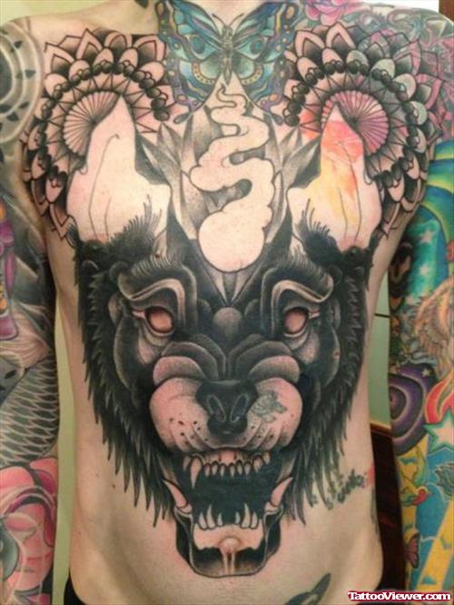 Large Wolf Head Tattoo On Chest