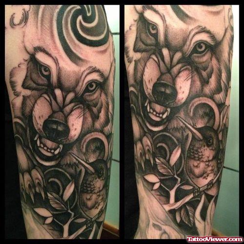 Grey Ink Wolf Tattoo On Left Sleeve
