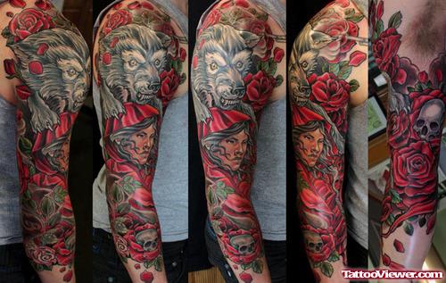 Amazing Colored Wolf Tattoo On Sleeve