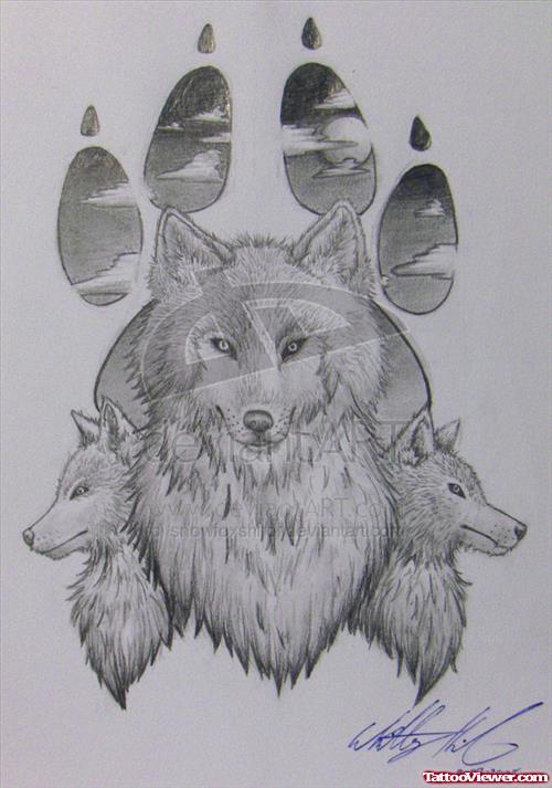 Paw Print And Wolf Tattoo Design