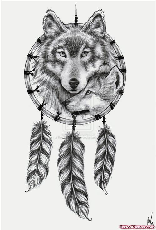Grey Ink Feathers and Wolf Tattoo Design
