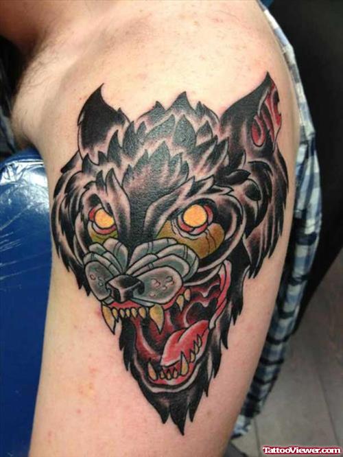 Color Ink Howling Wolf Head Tattoo On Left Shoulder