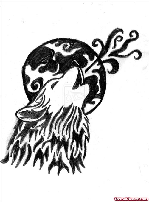 Moon And Howling Wolf Tattoo Design For Girls